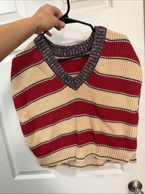 Olivaceous Striped V-Neck Sweater Vest in Cream, Red & Charcoal